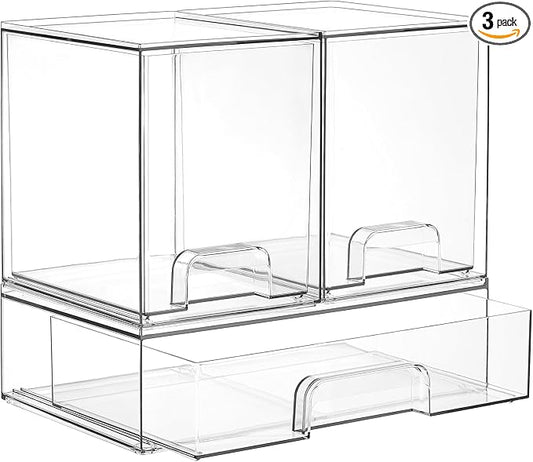 Vtopmart Stackable Storage Drawers Set of 3, Clear Plastic Organizer Bins for Bathroom Supplies, Ideal for Cabinet,Shelf, Pantry, Laundry Room Organization by Vtopmart