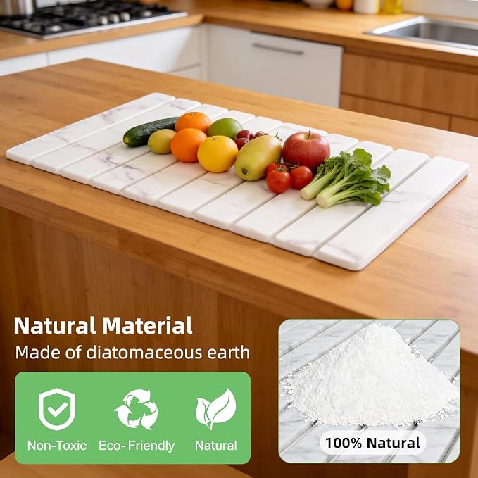 Large Stone Dish Drying Mat for Kitchen Counter, 24"×16" Foldable Quick Drying Mat, Absorbent Diatomaceous Earth Drying Mat for Bottles Cups Dishes, Match Any Countertop (White Marble, 24" x 16") - Image 5