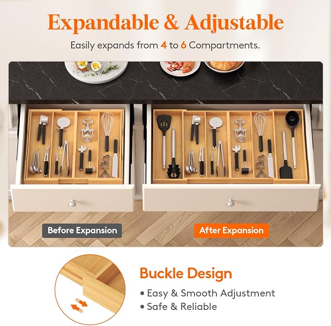 Lifewit Utensil Drawer Organizer, Expandable Kitchen Tool Tray, Wood Adjustable Flatware and Spatula Storage Divider, 17.8-28.3 x 17 x1.8 - Image 8