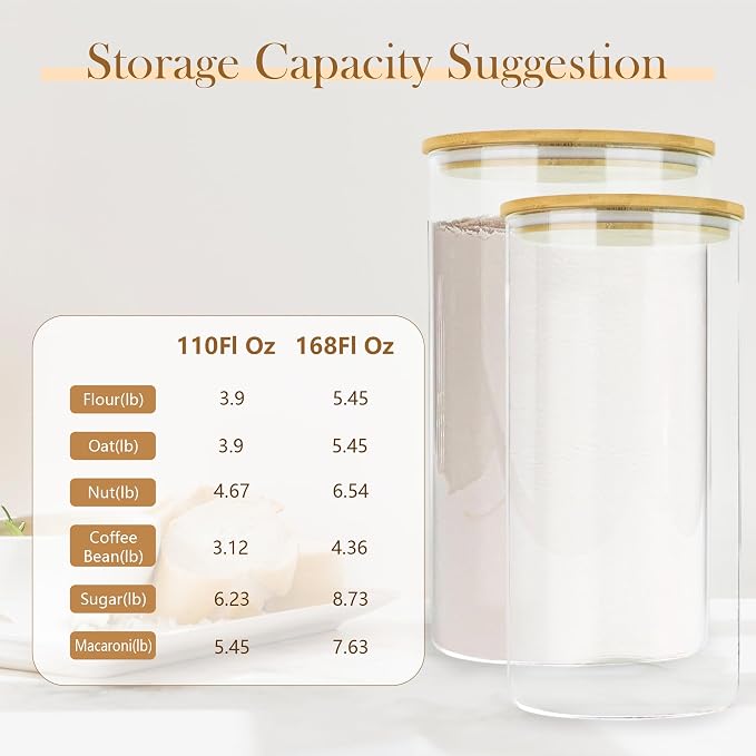 Large Glass Cereal Containers Storage with Airtight Bamboo Lids,Pantry Storage Container,Perfect for Kitchen Organization - Flour, Rice, Pasta, Sugar, Coffee Beans, Accessories Included,2 packs(168oz) - Image 5