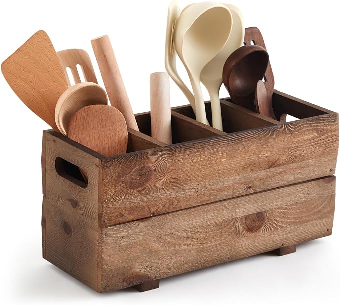 Chumia Extra Large Wooden Kitchen Utensil Holder Organizer for Counter Countertop, Farmhouse Rustic Utensil Holder Container for Storage Cooking Spoons Silverware Tools with 4 Compartments by Chumia