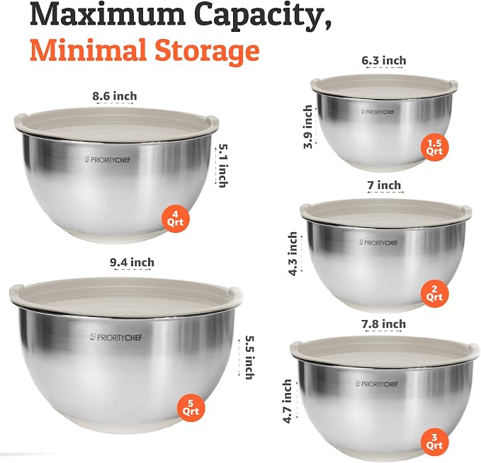 Premium Mixing Bowls With Lids Set, Airtight Lids, Thicker Stainless Steel, Non-Slip Base, 5 Nesting Steel Bowls for Kitchen, Large Prep Metal Bowl Set 1.5/2/3/4/5 Qt, Khaki - Image 3