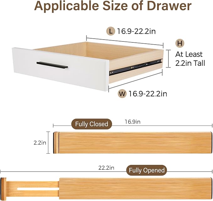 Adjustable Bamboo Drawer Dividers of 8, Expandable Organizers (16.9"-22.2") | Spring-Loaded Kitchen Drawer Organizer, Non-Slip Ends, 2.2" High, Easy Setup & Clean, for Kitchen, Dresser, Clothes, Bath - Image 2