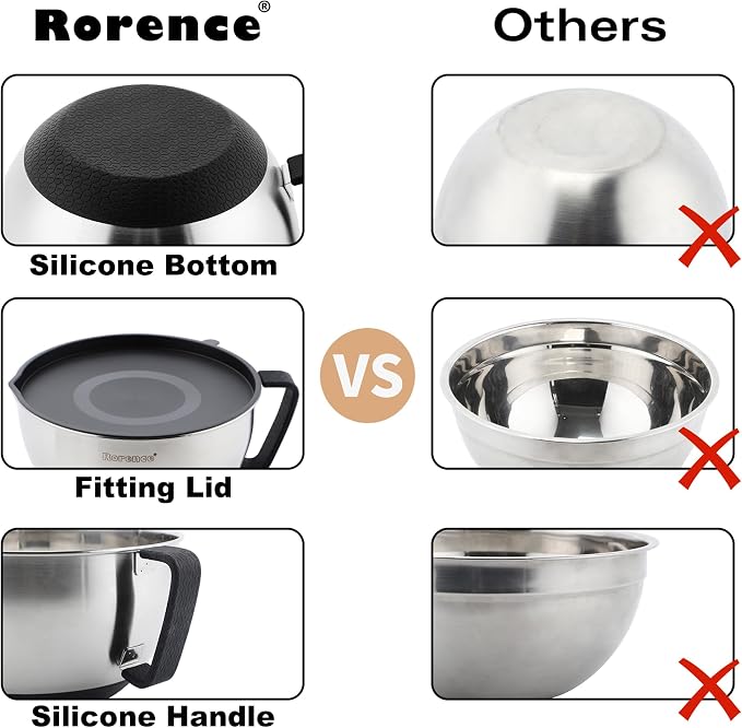 Stainless Steel Mixing Bowls: Metal Mixing Bowl Set with Lids and Handles Non-slip Silicone Bottom Nesting Bowls for Kitchen Set of 3 - Black - Image 4