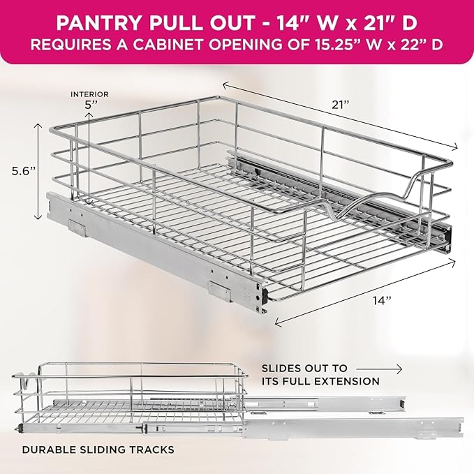 HOLDN’ STORAGE Pull Out Cabinet Organizer, Pantry Drawer, 14"W x 21"D x 5"H | Heavy-Duty Full-Extension, Roll Out Shelf for Pots, Pans & Under Sink Storage, Chrome, Require a 15.25"W Cabinet Opening - Image 3