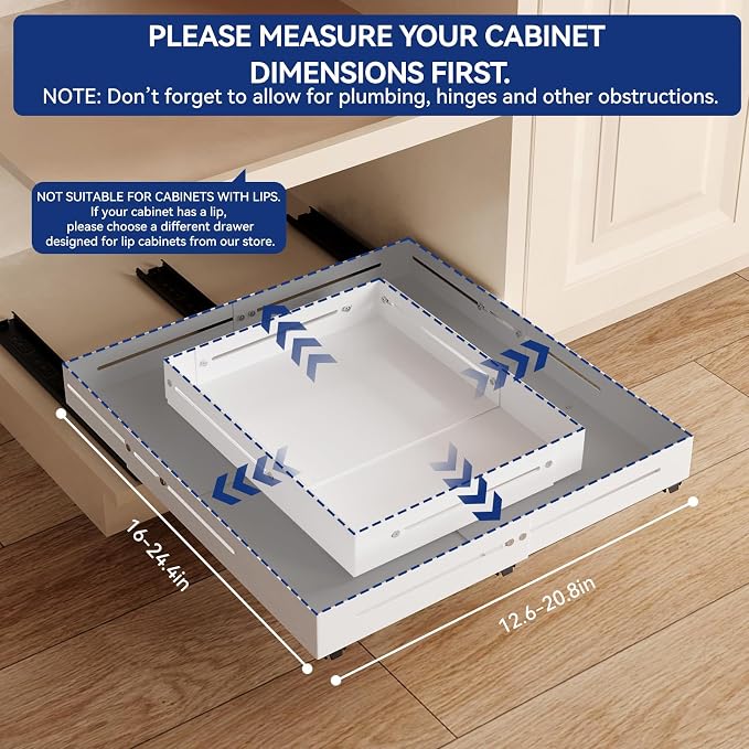Pull out Cabinet Organizer, Full Metal Expandable Width (12.6"-20.8") & Depth (16"-24.4") Adjustable Slide out Drawers, No Drill Adhesive Roll out Shelves for Kitchen Pantry, White - Image 2