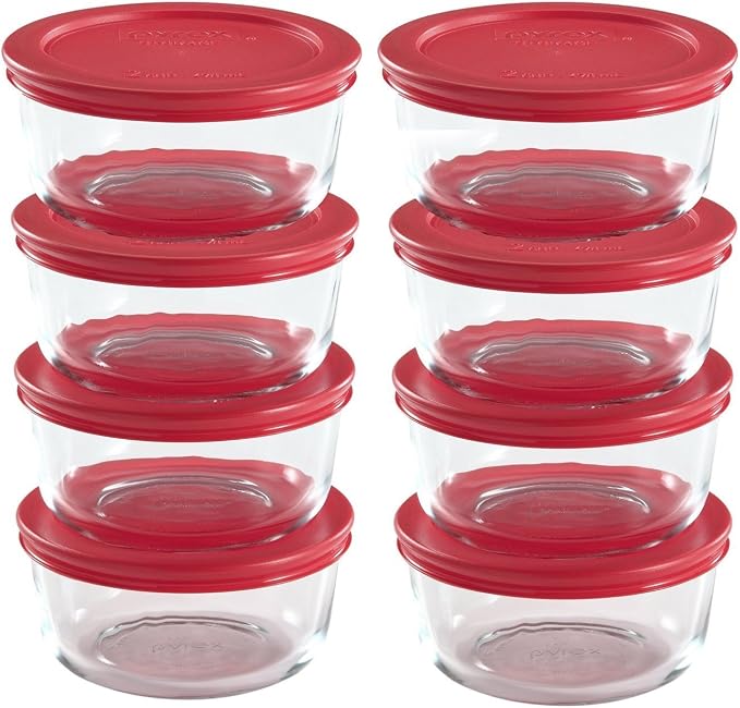 Pyrex 7200 (2-Cup) Glass Bowls With Red Lids (8-Pack) - Made in USA | Tempered Glass | BPA Free Covers | Round Storage Design | Nesting Bowls | Refrigerator Ready | Top Rack Lid Care by Pyrex