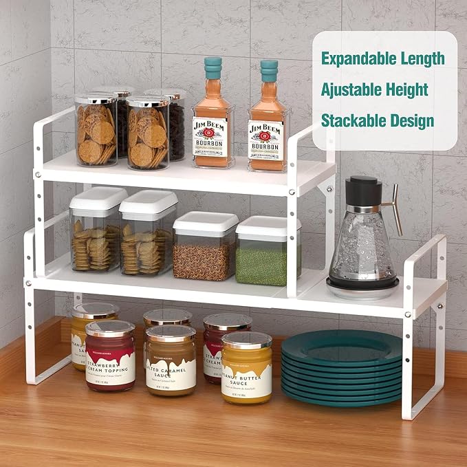 SUZLON Expandable Cabinet Shelf Organizer Rack, Stackable Kitchen Counter Storage Shelves Stand, Adjustable Height Pantry Shelf Spice Rack, Heavy Duty Nonslip White Small 3Pack - Image 3