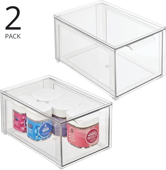 mDesign Plastic Stackable Bathroom Storage with Pull Out Bin Organizer Drawer for Cabinet, Vanity, Shelf, Cupboard, Cabinet, or Closet Organization - Lumiere Collection - 2 Pack - Clear - Image 4