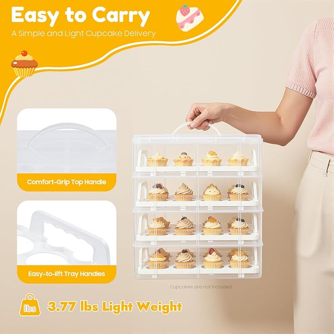 4-Tier Cupcake Carrier Stackable Storage Container,Store up to 48 Cupcakes | Plastic stackable trays with Lid and Handle. Lightweight for parties, baking, travel. Keeps cupcakes secure. BPA-free. - Image 5