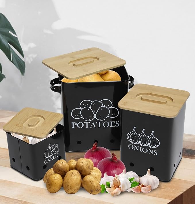 Kitchen Canisters Set, Storage Bin for Potato Onion & Garlic, 3 Pack Set Countertop Pots Containers with Wooden Lid - Potato Storage, Garlic Bin, Onion Keeper Tin with Aerating Holes-Black - Image 5