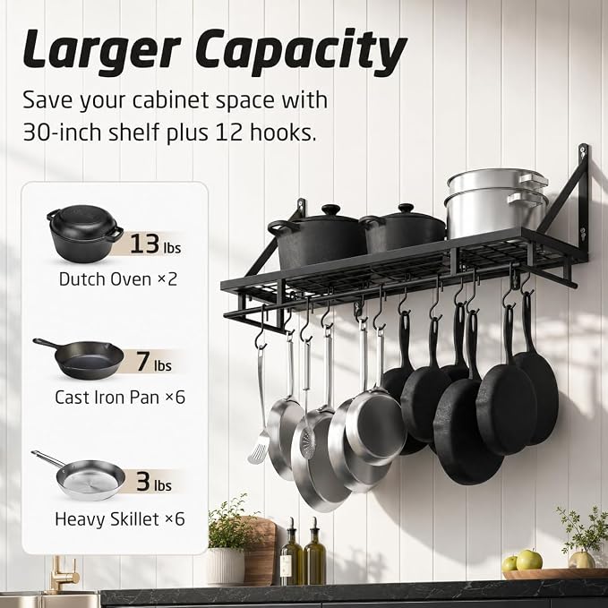 KES 30-Inch Kitchen Pan Pot Rack Wall Mounted, Hanging Storage Organizer | 88 Lbs Capacity, Wall Shelf with 12 Sturdy Hooks, 16-Inch Stud Mount, Matte Black, KUR215S75A-BK - Image 2