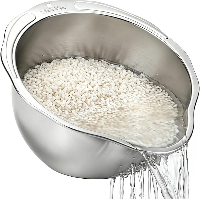 Palksky Rice Strainer & Rice Washing Bowl Stainless Steel - 5.6 Qt Professional Fine Mesh Rice Washer for Kitchen - Heavy Duty Rice Rinser, Cleaner & Drainer Colander for Quinoa, Grains & Fruit by Palksky
