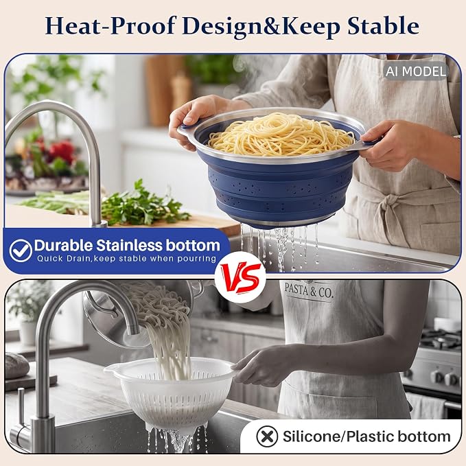 Collapsible Colander Set with Silicone Mat,2-in-1 Stainless Steel Colander for Kitchen, Foldable Metal Colander, Space-Saving for Pasta Veggies Fruit(NAVY BLUE) - Image 3