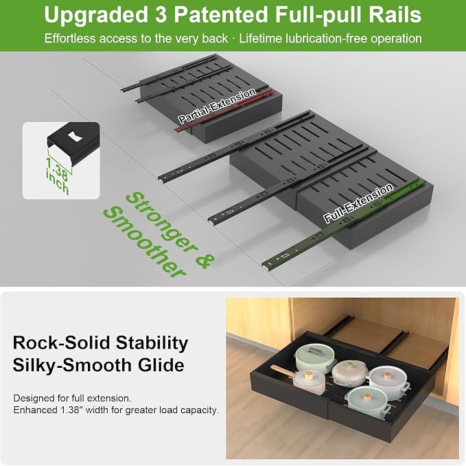 2-Pack Expandable Pull Out Cabinet Organizer 21"Deep(12.2"-20.5"W), 3 Full Extension Glides Slide Out Drawers, Roll Out Shelves Adhesive Raising Pad,Compatible Framed Cabinets,90lb Cap,Black - Image 4