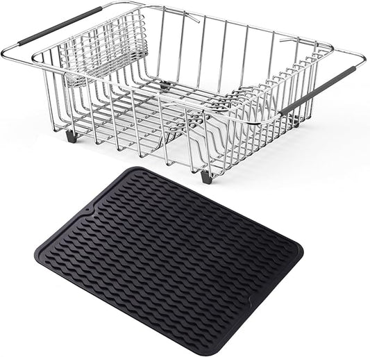 NiuYichee Stainless Steel Dish Drying Rack(15"L X 12.6"W X 4.7"H), Expandable Fruit & Vegetable Drain Rack over Sink, Dish Drainer Rack in Sink, with Stainless Steel Utensil Holder & Silicone Mat(16") by NiuYichee