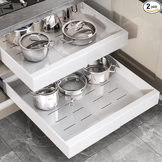 Seinloes 2 Pack Pull Out Cabinet Organizer 22" Deep,Full Extension 3 Slide Rails Slide Out Drawers With Raising Pad for Framed Cabinets,Expandable Width (12.3"-20.5"),No Drill Roll Out shelf,White by Seinloes