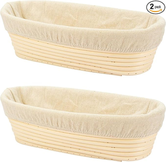 2 PCS 10 inch Oval Long Banneton Brotform Bread Dough Proofing Rising Rattan Basket & Liner for Professional & Home Bakers by Stormshopping