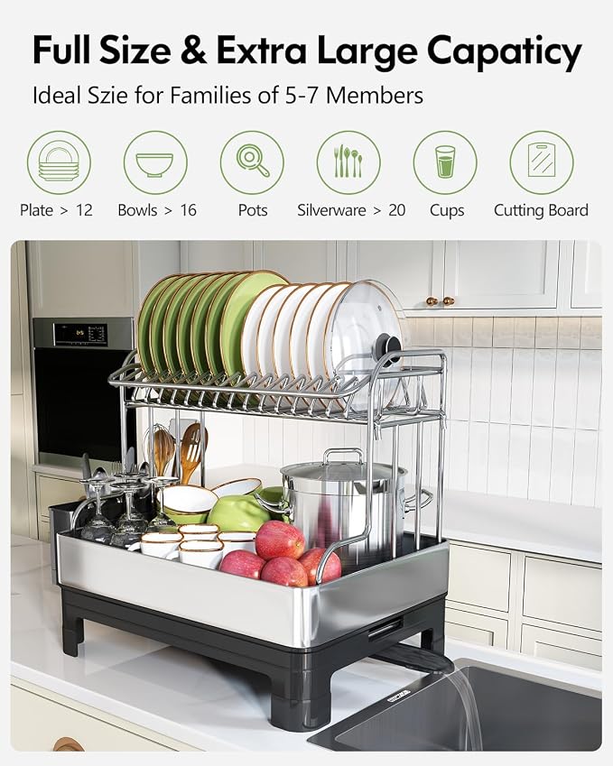 2 Tier Large Stainless Steel Dish Drying Rack with Drain Board | Space Saving, Rust Proof Metal, Automatic Drainage Drainer for Kitchen Counter, Modern Black and Silver for Pots and Pans - Image 6