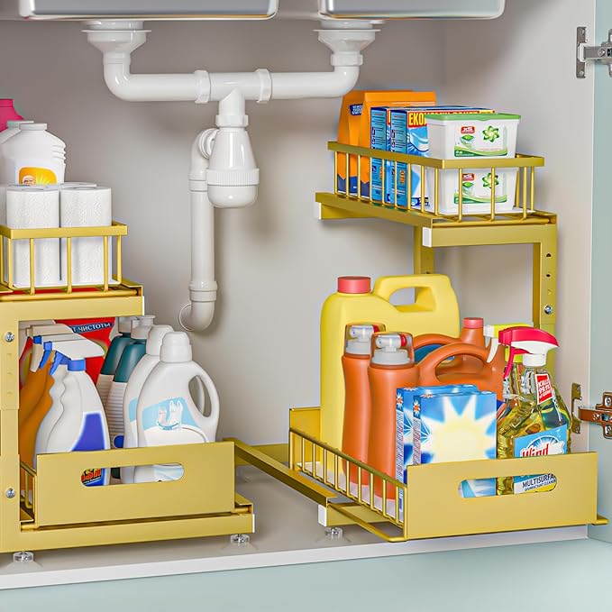 2-Pack L-Shaped Under Sink Organizer, 2-Tier Pull-out Cabinet Rack | Gold Height-Adjustable Metal Rack, Sliding Grid Drawers with Safety Stopper, Holds 100 Lbs, Ideal Kitchen Cabinet Storage by Saydear