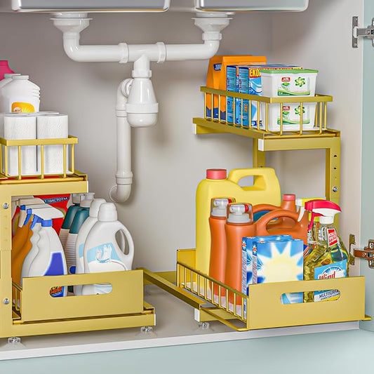 2-Pack L-Shaped Under Sink Organizer, 2-Tier Pull-out Cabinet Rack | Gold Height-Adjustable Metal Rack, Sliding Grid Drawers with Safety Stopper, Holds 100 Lbs, Ideal Kitchen Cabinet Storage by Saydear