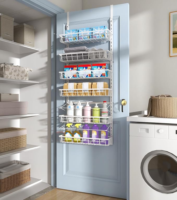Mefirt Over The Door Pantry Organizer, Wall Mount Spice Rack 6-Tier White | Pantry Hanging Organizers and Storage, Adjustable Baskets Heavy-Duty Metal for Home & Kitchen, Back of Door Seasoning Rack - Image 9
