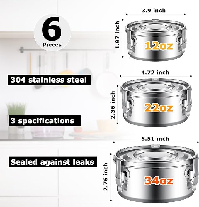 Zopeal 6- Piece Stainless Steel Food Storage Containers with Lids Leakproof Metal Lunch Boxes Stackable Reusable Canisters for Camping Trips Picnic Snacks Salad Soups, 3 Sizes(12oz, 22oz, 34oz) - Image 2