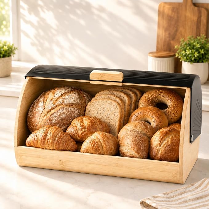 Bread Box for Kitchen Countertop, Large Bread Storage Container with Bamboo Base and Black Roll Top Lid, Modern Bread Holder for Loaves, Bagels, Pastries and More by Unknown