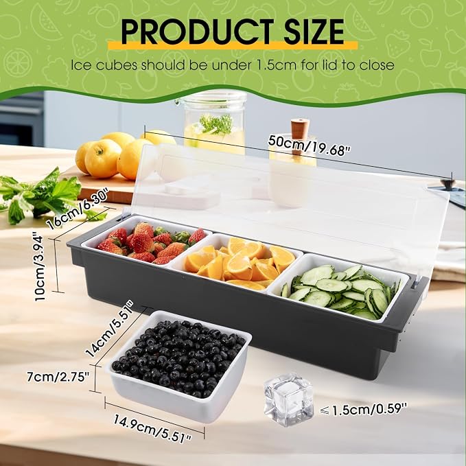 Ice Cooled Condiment Serving Container Fruit Veggie Condiment Caddy Plastic Garnish Station with Lid for Fruit,Ice Cream,Salad Bar-Topping Organizer for Restaurant Supplies (3 Compartments) | Ice chamber, keeps fruit & toppings chilled, 3 separate sect... - Image 3