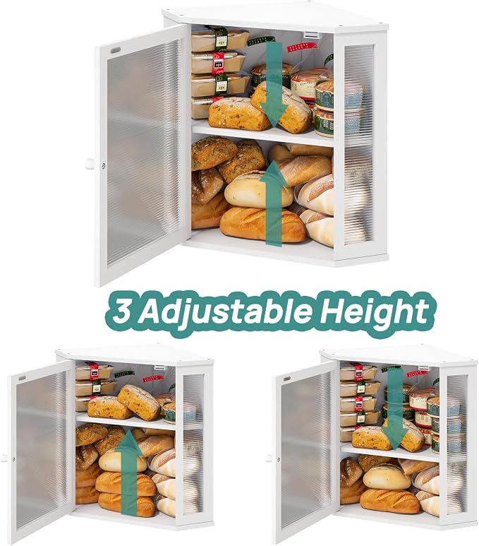 viewcare Corner Bread Box for Kitchen Counter, Bamboo Wood Large Capacity Bread Storage Bin with Acrylic Wavy Door Panel (White, Extra Large) - Image 5