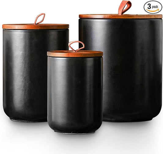 JOJUNO Black Ceramic Food Storage Canister Set (30 oz, 48 oz, 82 oz) with Bamboo Lids, 3-Piece Airtight Jars for Flour, Sugar, Coffee, Tea, Oats, Spice – Kitchen Storage Containers with Lids by Unknown