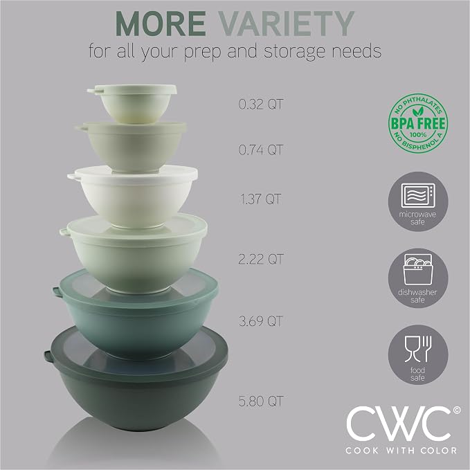 COOK WITH COLOR Mixing Bowls with TPR Lids - 12 Piece Plastic Nesting Bowls Set includes 6 Prep Bowls and 6 Lids - Microwave Safe (Sage) - Image 3
