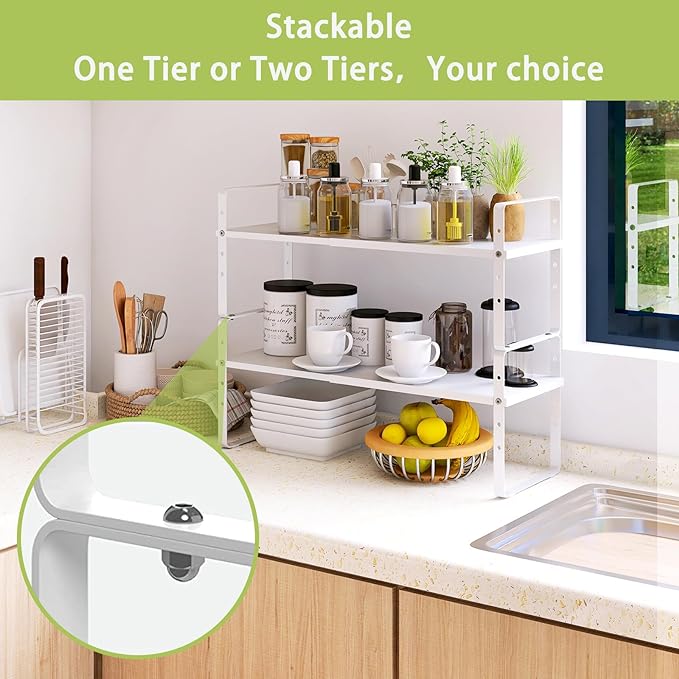 Across-Star Expandable Cabinet Shelf Organizer Rack, Stackable Kitchen Counter Storage Shelves Stand, Adjustable Height Pantry Shelf Spice Rack (White, 2 Pack) - Image 4
