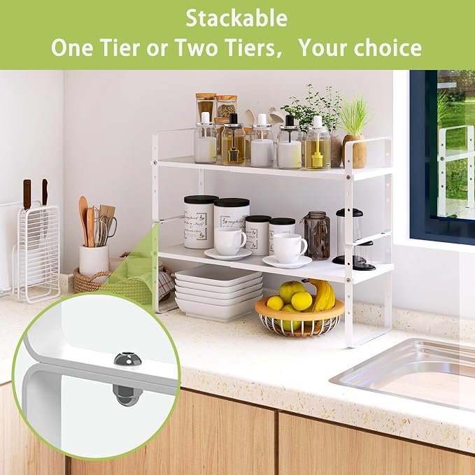 Across-Star Expandable Cabinet Shelf Organizer Rack, Stackable Kitchen Counter Storage Shelves Stand, Adjustable Height Pantry Shelf Spice Rack (White, 1 Pack) - Image 6