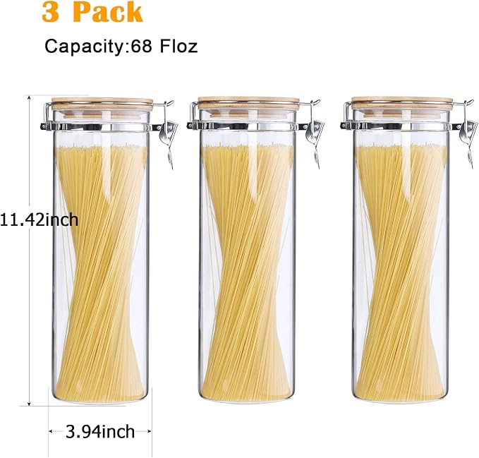 KKC 3-Pack 68oz Glass Spaghetti Containers with Airtight Bamboo Clamp Lids - 2000ml Tall Pasta Storage Jars & Long Noodle Holders Keep Fresh Canister Set for Kitchen Pantry Organization - Image 5