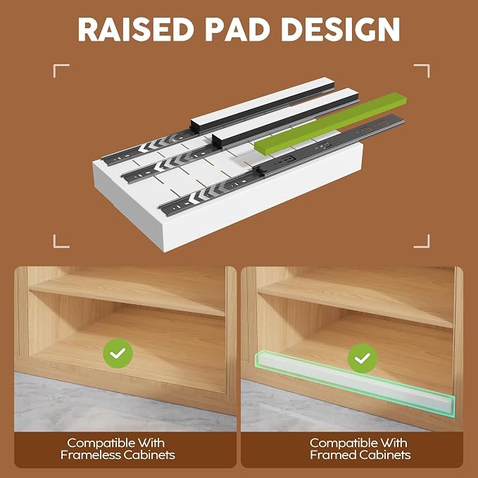 Seinloes 4 Pack Expandable Width (9"-14.1") Pull Out Cabinet Organizer 21" Deep with Raising Pad for Framed Cabinets, Upgrade 3 Slide Rails Slide Out Drawers, Roll Out Shelves Adhesive, White - Image 2