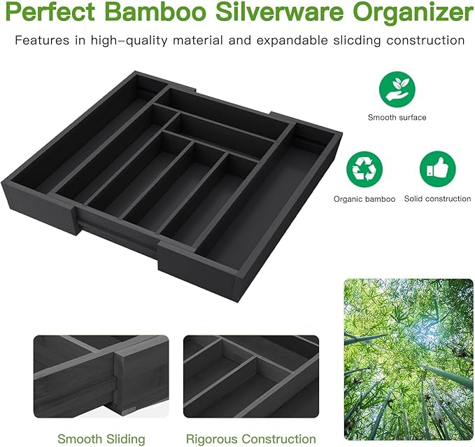 Pipishell Bamboo Expandable Drawer Organizer for Utensils Holder, Adjustable Cutlery Tray, Wood Drawer Dividers Organizer for Silverware, Flatware, Knives in Kitchen, Bedroom, Living Room(M-Black) - Image 5