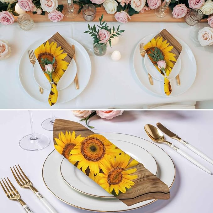 Pastoral Cloth Napkins Set of 8 Sunflowers Wood Grain Texture Rustic Vintage Soft Washable Square Dinner Napkins for Party Wedding Restaurant Hotel Cocktail 20x20 Inch - Image 3