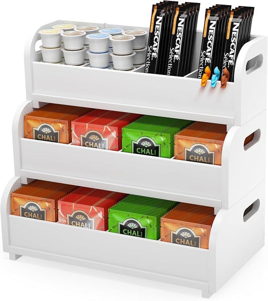 3-Tier Bamboo Tea Box Rack with Removable Dividers, Wall Mount Large Capacity for Pantry Drawer Cabinet Kitchen Office Coffee StationTea Bag Organizer, Stackable Tea Holder for Countertop, White by WisuceHome