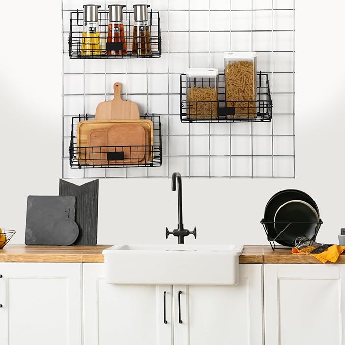 Blulu 4 Pcs Black Grid Wall Baskets, Metal Wire Wall Basket with Hooks Hanging Storage Organization Accessory for Vendor Trade Shows Kitchen Bathroom Pantry Supplies(11 x 6 x 5 Inch) - Image 6