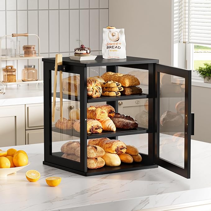 WOWLIVE Bread Box for Kitchen Countertop, 3 Layers Bread Storage Container | Large Bamboo Bread Bin for Homemade Bread with Window, Farmhouse Breadbox Organizer for Kitchen, Cabinet, Black, Extra Large - Image 8