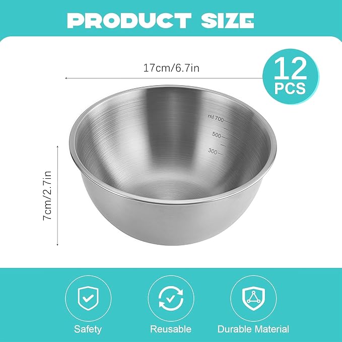 12 Pcs 304 Stainless Steel Mixing Bowls with Graduations, Metal Serving Salad Bowls, Reusable Baking Food Storage Containers for Baking, Cooking, Making Salads, Soups, Ice Cream, Noodles, cereal - Image 8