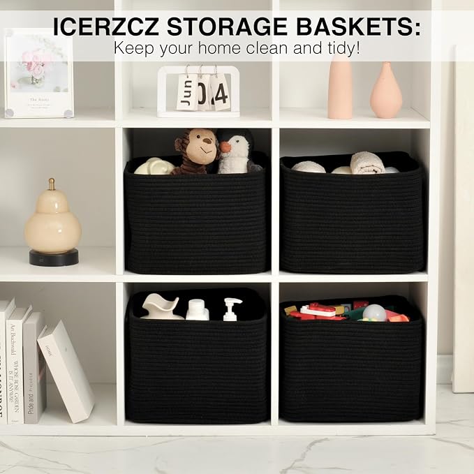 ICERZCZ Storage Baskets for Organizing & Shelves, Woven Cotton Rope Organization Bins for Dog Toys, Clothes, Books, Nursery Organizer, 15"Lx11''Wx9.5''H, (4 Packs) Black - Image 6