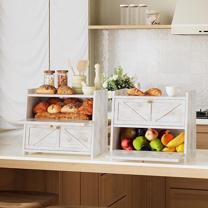 Trironsun Vintage Double Layer Bread Box for Kitchen Counter Bamboo Bread Storage Container Large Capacity Bread Storage Bin (Antique White) - Image 6
