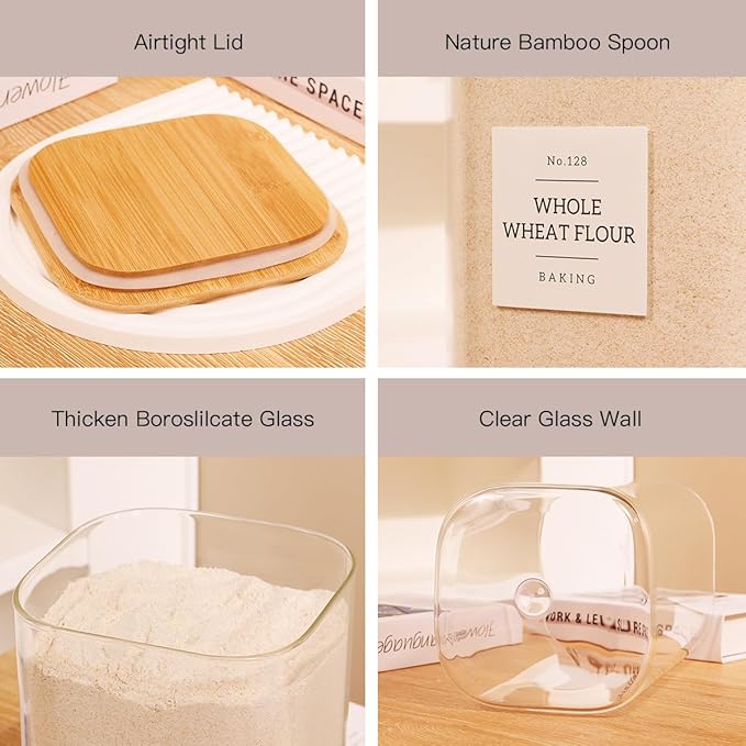 2 Pack large Square Glass Flour and Sugar Containers with 132 Kitchen Pantry Labels - Thicken 149 floz Glass Storage Jars with Airtight Bamboo Lid - Big Rice Canisters for Coffee, Pasta, Cereal - Image 5