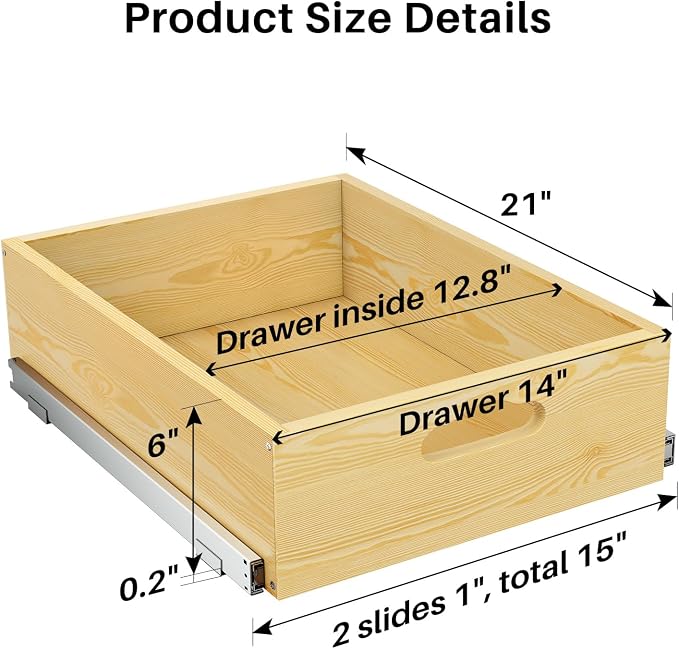 Pull Out Cabinet Organizer, Soft Close Slide Out Solid Wooden Drawers(15"W X 21"D x 6.2''H), Heavy Duty Full-extension Roll Out Shelves for Kitchen Cabinets,Pantry & Closet Organizers and Storage - Image 2