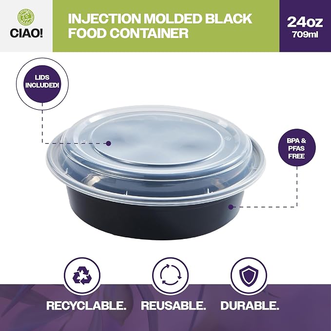 CIAO! 24oz Heavy Weight Injection Molded Microwavable Black Round Food Container with Lid (150/case) - Image 2