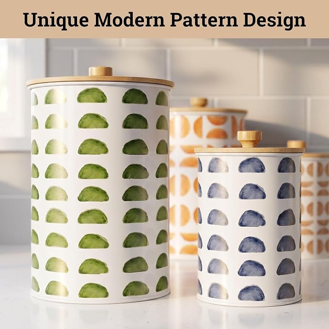 Kitchen Canisters for Countertop Set of 4, Patterned Iron w/ Airtight Lids | Airtight Easy Open Bamboo Lids - Dent-Resistant Thick Metal - Sturdy Comfortable Bamboo Handles - Unique Printed Pattern - Image 8