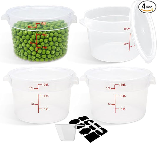 BIEAMA 4 Pack 12 Qt Round Food Storage Containers with Lids, Translucent PP | Include lids, labels, measuring cups and containers with capacity markings for food prep, pantry storage and dough proofing. by BIEAMA