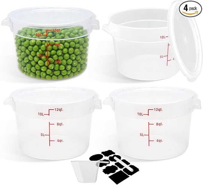 BIEAMA 4 Pack 12 Qt Round Food Storage Containers with Lids, Translucent PP | Include lids, labels, measuring cups and containers with capacity markings for food prep, pantry storage and dough proofing. by BIEAMA